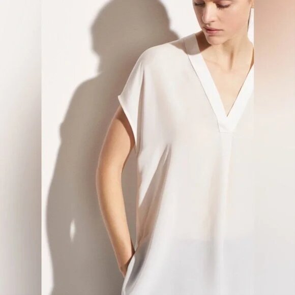 Vince Silk Georgette Double V-Neck Blouse White XL - Picture 2 of 9
